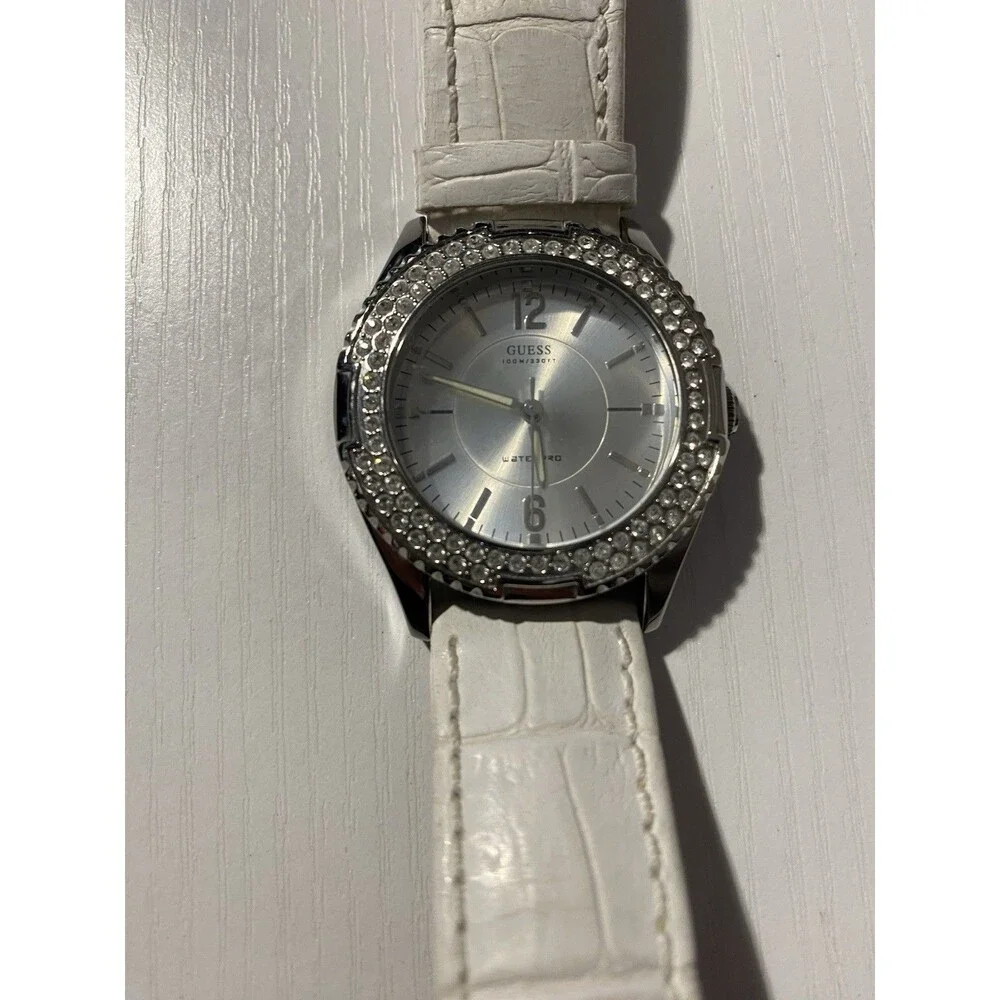Guess Waterpro Womens Watch G10575L Silver Tone Rhinestone Bezel White Leather